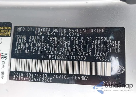 2007 Toyota Camry Le from USA, damaged, VIN 4T1BE46K67U138778